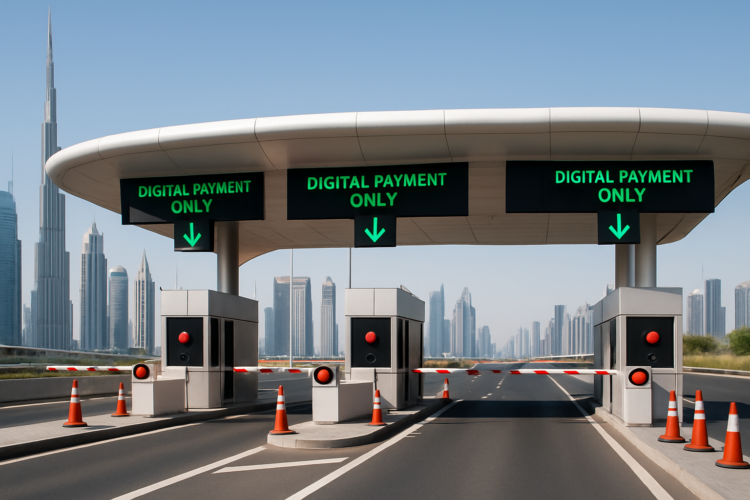 Modern toll plaza in Dubai with digital payment lanes